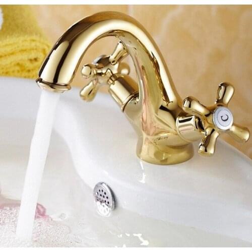 Gold Color Brass Faucets Bathroom Faucet basin Sink mixer tap swan neck Deck Mounted Double Cross Handles Single Hole anf272