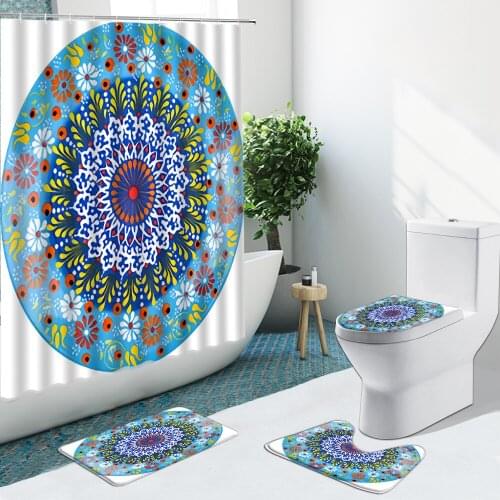 3D Mandala Geometry Pattern Flower Shower Curtain Butterfly Non-Slip Flannel Rugs Toilet Cover Bath Mats Bathroom Set Floor Mat