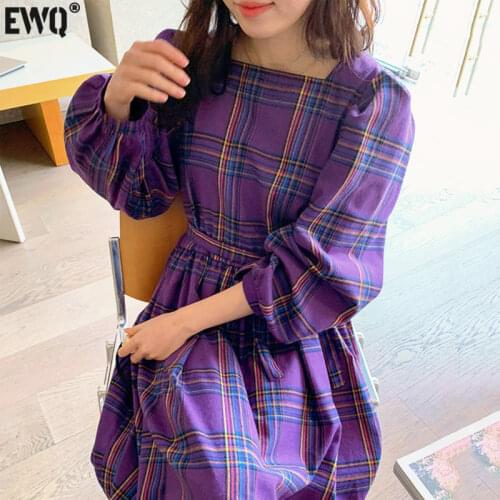 [EWQ] Korean Chic Early Autumn Women Style Slim Square Neck Plaid Lace Up Waist Over Knee Long Bubble Sleeve Dress 2021 16E2600