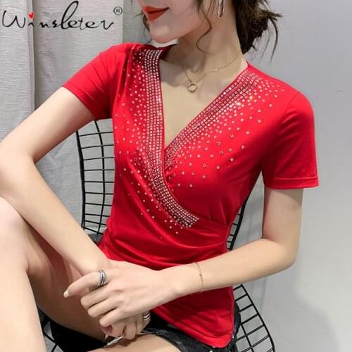 Summer European Clothes Cotton T-Shirt Girl Fashion Sexy V-Neck Drape Shiny Rivet Women Tops Short Sleeve Tees New 2021 T14316A