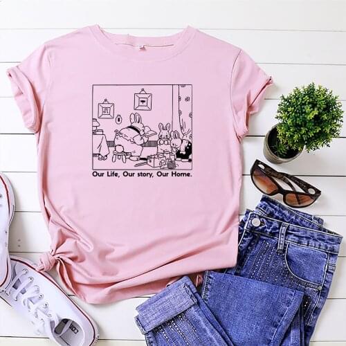 100% Cotton Summer New Womens T-shirt O-Neck Harajuku Cute Rabbit Story Top Casual Female T shirt Oversized Size S-5XL