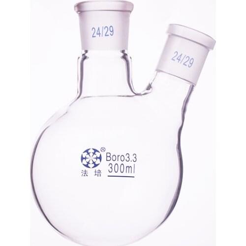 Two-necked flask oblique shape,with two necks standard grinding mouth,Capacity 300ml,Middle joint 24/29 and lateral joint 24/29