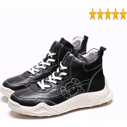 Platform Thick Fashion High Mens Top Sneakers Lace Up Genuine Leather Kawaii Cartoon Printed Casual Joggers Shoes Male Trainers