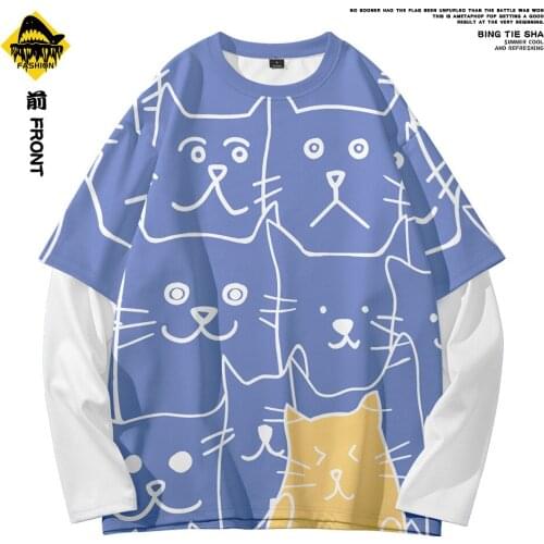 Kitten summer retro trend street style fashion round neck fake two-piece sweater