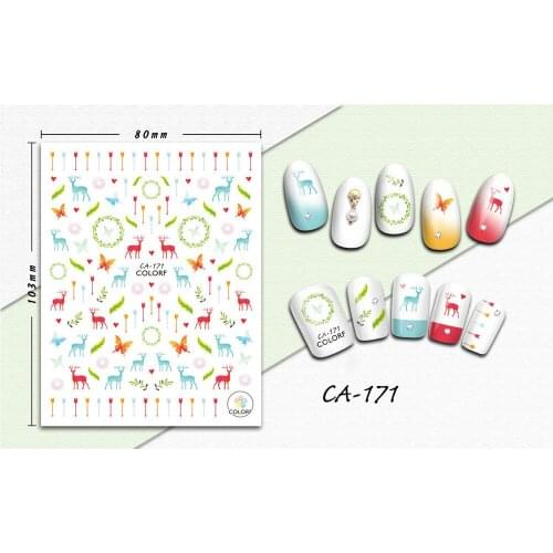 2 Sheets Color Cute Deer Pattern 3D Nail Stickers Arrow Nail Art Water Decals Christmas Nail Transfer Stickers