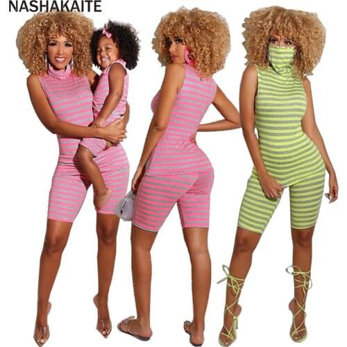 NASHAKAITE 2021 Mum And Daughter Clothes Summer striped sleeveless Casual Jumpsuit Romper Mommy And Me Outfits Family Look