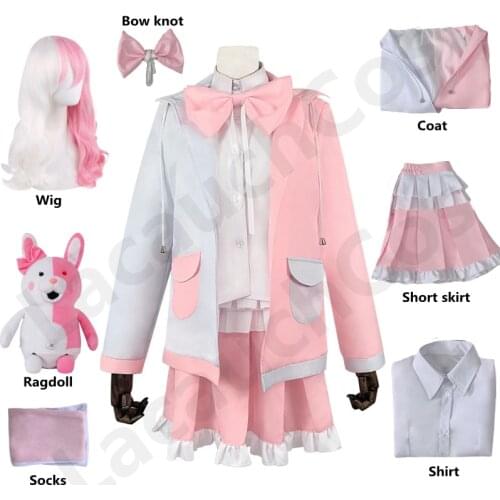 New Dangan Ronpa Monomi Cosplay Costume Pink Long Wig Bear Toy Danganronpa Monokuma JKUniform Hooded Jacket Girl Skirt Set Shirt