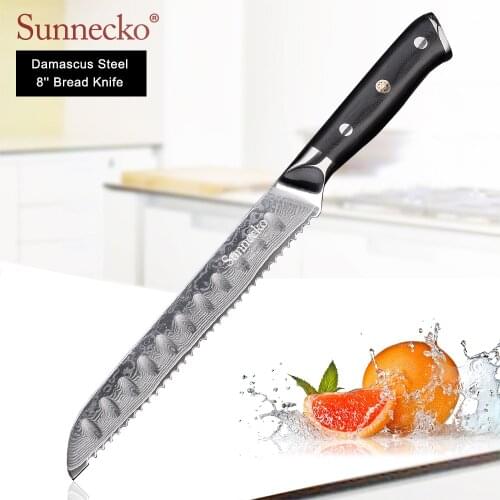 SUNNECKO Premium 8" inches Bread Knife Japanese VG10 Steel Core Blade Sharp Damascus Kitchen Knives G10 Handle Cake Cutter Tools