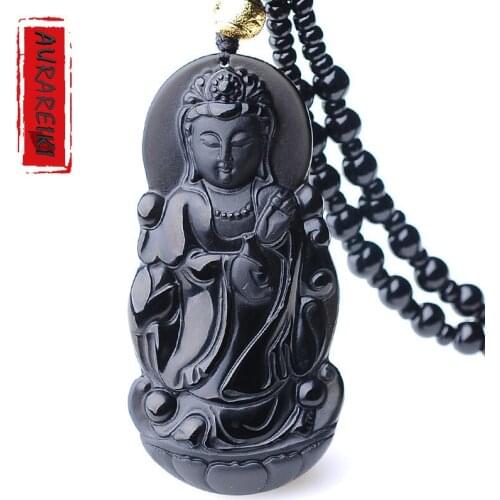 AURAREIKI Obsidian Guanyin Pendant Necklace Buddhist Amulet Natrual Obsidian Carved Pendant Retro Necklace Mala Unisex C0060