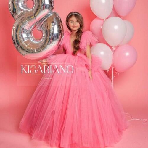 2021 Pink Princess Flower Girl Dresses Deep V Neck Sweep Train Girls Birthday Party Dress Christmas First Communion Gowns