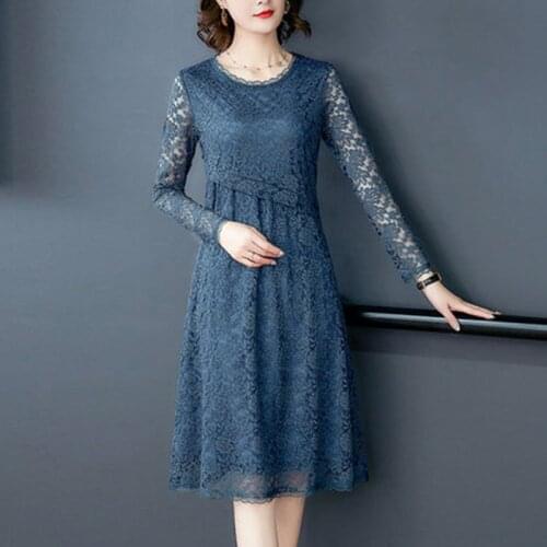 Spring Hollow Lace Female Dress Large Size Long Section Was Thin Vestidos Slim Long Sleeve Ladies Dress Summer Round Neck A857