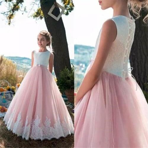 Flush Pink Flower Girls Dresses Lovely Jewel Neck Tulle with Lace Custom Made Girls Pageant Gowns Kids Birthday Wea