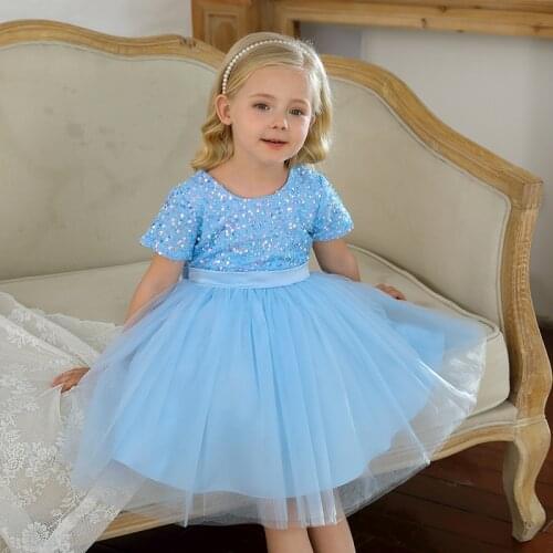 Girls Party Dresses Bow Prom Ball Gowns For Wedding Blue Sequin Princess Dress Baby Girls Birthday Dress Childrens Clothing