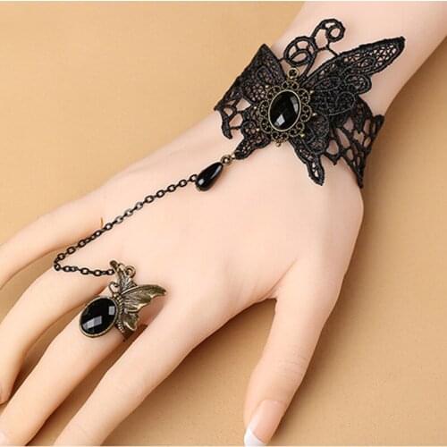 Rhinestone Charm Bracelet Hollow Lace Sexy Wristband Bangles Butterfly Pendant Statement Chains Bracelets Women Gothic Jewelry