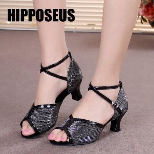 Latin Dance Shoes Modern Salsa Tango Ballroom Satin/PU/Sequins Rubber Bottom 5.5cm High Heels Dancing Shoes for Girls Women