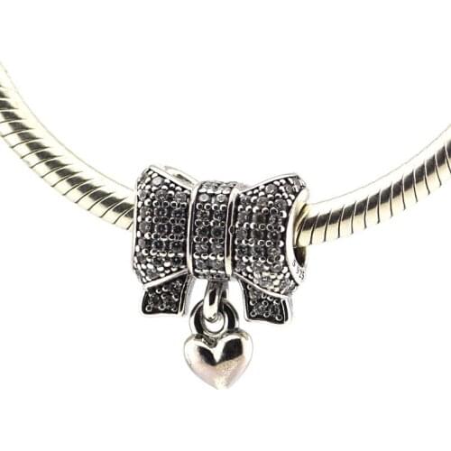 Heart & Bow Charms 925 Sterling Silver Clear CZ Beads Fits Pandora Bracelets Charm Silver 925 Jewelry DIY Gift