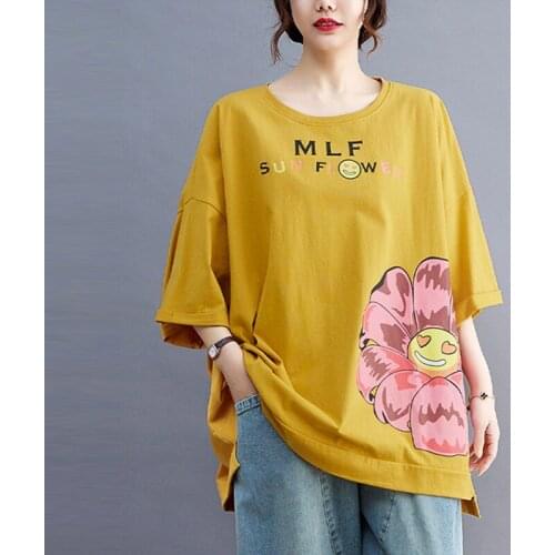 Oversized Women Cotton Casual T-shirts New 2021 Summer Simple Style Floral Print Loose Comfortable Female Tops Tees S4004