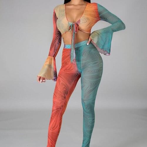 Women Print Two Piece Sets Flare Sleeve Short Tops and Long Pants Lady Fashion Office Lady Suits 2021 Spring Autumn Set