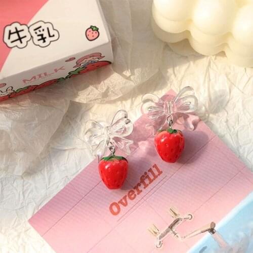 Silver Needle Japanese Clear Small Fresh Cute Strawberry Earrings Transparent Bow Sweet Girl Earrings Jewelry Female