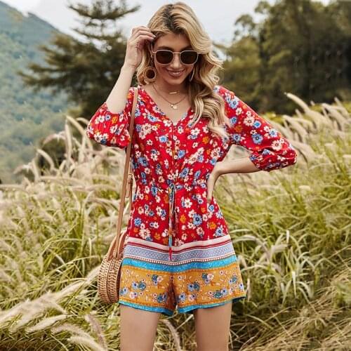 2020 Spring Drawstring Floral Lantern Sleeves Women Jumpsuit Bohemian Casual Woven Red Color Holiday Loose Rompers