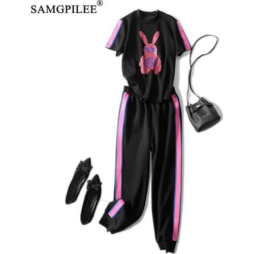 Two Piece Set For Women 2021 New Korean Summer Striped Leggings Pants Space Cotton Hot Drilling Short Sleeve T-shirt Woman Sets