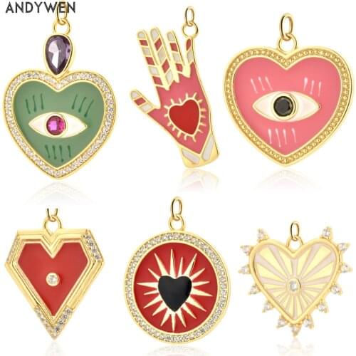 ANDYWEN 925 Sterling Silver Gold Red Heart Round Pendant Fine Jewelry Gift Colorful Spring Enamel Rainbow Rock Punk Wedding Gift