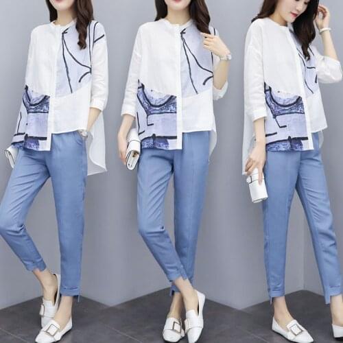 Female Office Suit Set Asymmetrical Print Shirts Top +Irregular Long Pants Suit Womens Summer Casual Costumes 2 Piece Sets