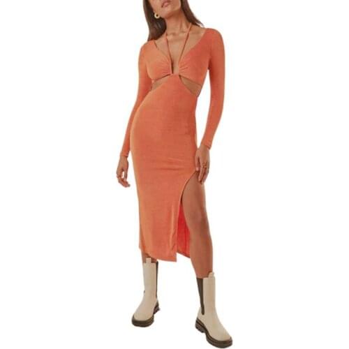 Women Solid Color Halter Dress Long Sleeve Deep V-neck Side Split Hollow Out Long Dress