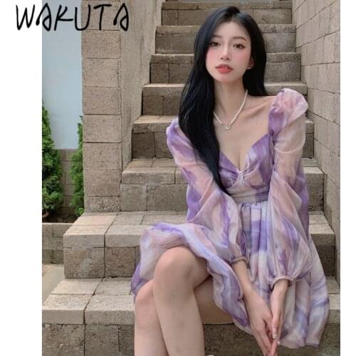WAKUTA Fairt Dress Sexy Backless Romance Elegant Puff Sleeve Princess Ball Gown Dresses Women Korean Fashion High Waist Vestidos