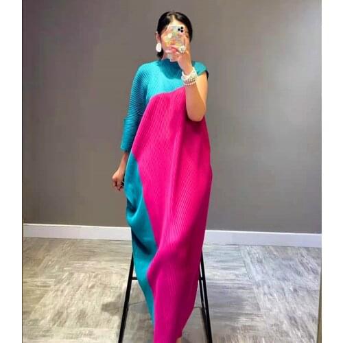 Miyake Pleated Fall 2021 Winter Plus Size Loose Irregular Dress High Fashion Long Dress Patchwork Aesthetic Clothes