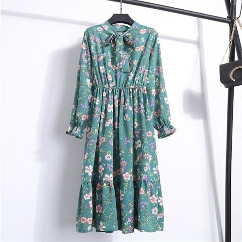2018 New Chic Spring Women Dress Chiffon Bow Dresses Summer Green Flower Dress Midi Long Pleated Dress Vestidos Bottomings WZ266