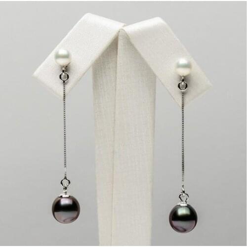 Free Shipping AAA 8.9mm Black Green Genuine Tahitian Pearl Long Drop Earrings 14k White Gold