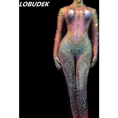 Sparkly Pink Rhinestones Pearls Jumpsuit Leading Dancer Nightclub Stage Wear Bar Party Singer Host Performance Dance Outfits