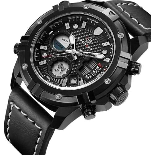 GOLDENHOUR Top Luxury Brand Men Sports Dual Display Quartz Watch Mens Fashion Military Leather Waterproof Wristwatch Male Clock