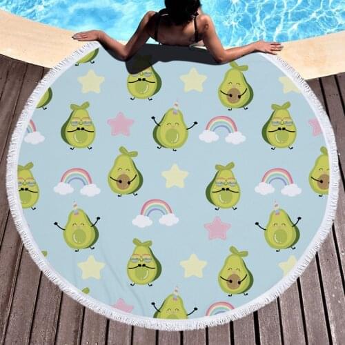 Round Beach Towel Cartoon Avocado Print Water Absorbent Quick Drying Sunscreen Bath Towel for Women Men Swimming Bathing