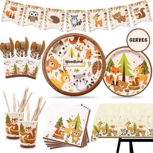 Woodland Animal Tableware Plate Cup Jungle Safari Party Decoration Jungle Animals Kids Happy Birthday Party Decor Supplies