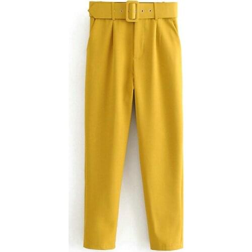 Fashion Pockets Pants Trousers Pantalones Office Lady Black Suit Pants with Belt Women High Waist Solid Long Trousers