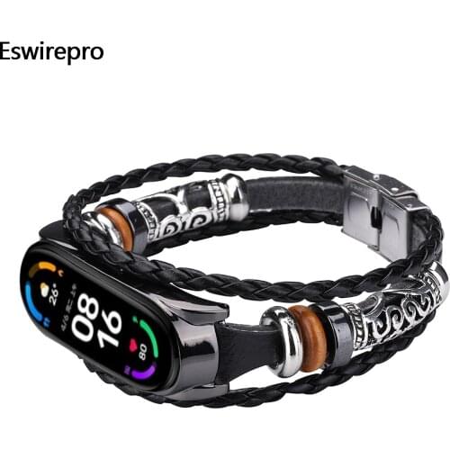 For Xiaomi mi band 3 4 5 6 Fashion Retro Strap Wrist Leather Strap Replacement Beading Bracelet on mi band 4 5 6 3 Wristband