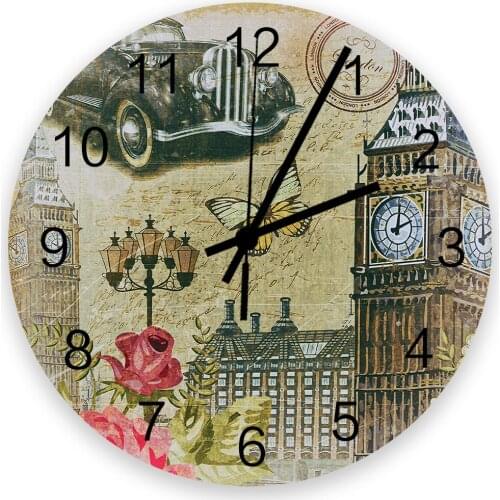 Old London England Poster Art Clock Tower Car Wall Clock Wooden Modern Design Digital Clocks Home Living Room Wall Decoration