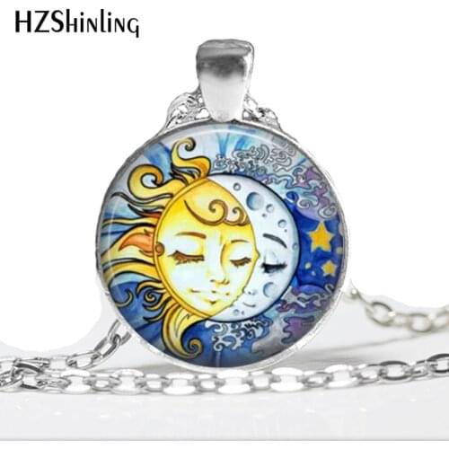 NS-0075 New Fashion Glass Cabochon Dome Jewelry Sun And Moon Necklace Sliver Sun And Moon Pendant HZ1