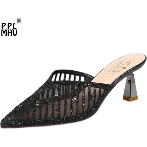 2021 New High-heeled Sandals Women Summer Wear All-match Fashion Baotou Pointed Toe Gauze Rhinestone Half Slippers Women