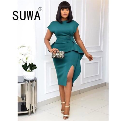 New Product Fashion Clothes Solid Color Elegant Midi Dresses For Women Short Sleeve High Waist Party Night Club Vestidos