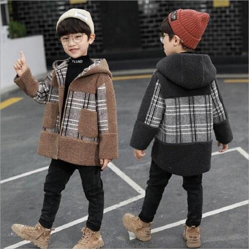 Autumn Winter Woollen Coat For Boys New Fashion Hooded Thickened Stripe Grid Splicing Children Outwears Kids Clothes Windbreaker