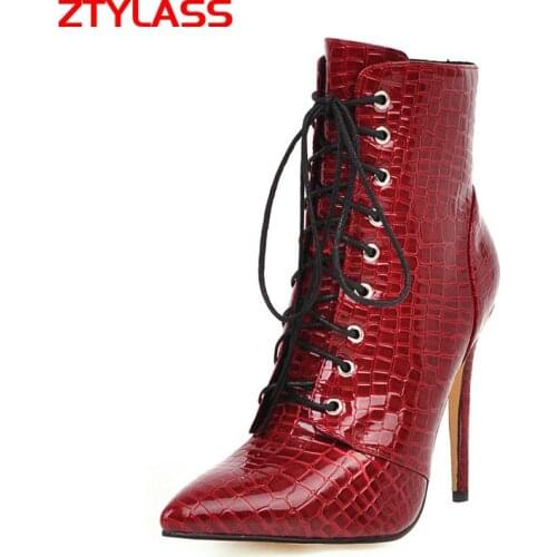 Autumn Women Boots Thin High Heel Ankle Boots Pointed Toe Lace Up Zipper Fashion Boots Women Fur Plush Winter Boots Black White