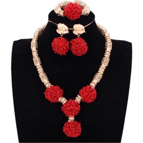 African Women Necklace Beads Big Balls Red Gold African Jewelry Sets Braid Wedding Jewellery Set Bridal Jewelry Nigerian Beads