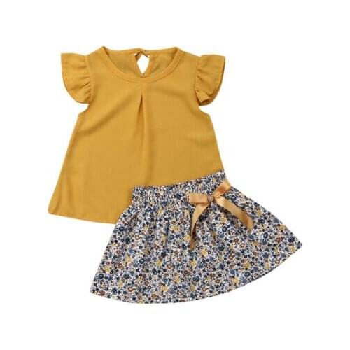 Casual Kids Baby Girls Fly-sleeve Floral Ruffle Tops T-Shirt + Tutu Skirts 2pcs Outfits Set