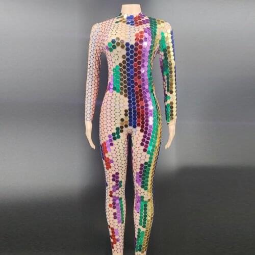 Multi-color Mirror Rhinestone Transparent Jumpsuit Birthday Celebrate Prom Party Outfit Women Dancer Show Outfit