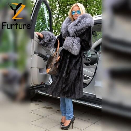 Luxury Women Genuine Mink Fur Coats With Lapel Sliver Fox Fur Collar Cuffs Winter Warm Overcoats Natural Real Mink Fur Outerwear