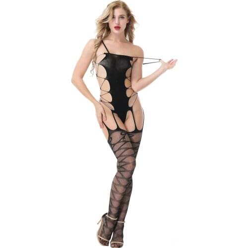 Sexy Conjoined pantyhose Sexy lingerie high elastic tight hollow mesh Erotic net dress jacquard perspective Bodysuits Babydolls