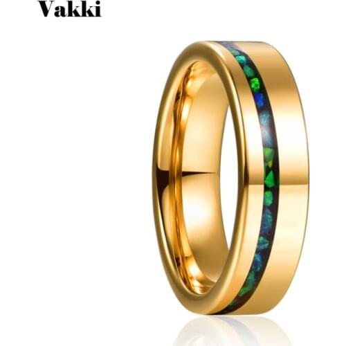 VAKKI 6mm Electric Gold Polished Inlaid Green Opal Tungsten Carbide Ring Mens Fashion Wedding Jewelry Best Gift